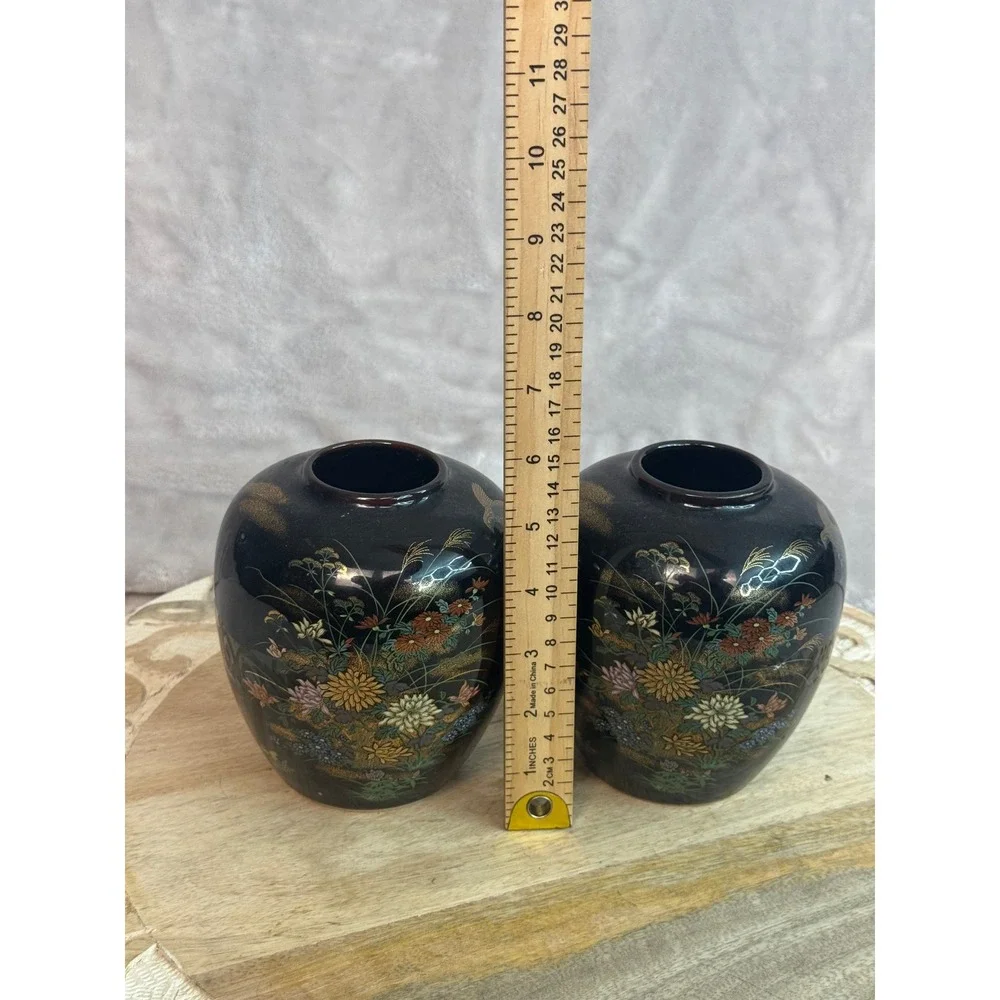 Vintage Black Bird Floral Ceramic Ginger Jars Bud Vases‎ Set of 2 Chinoiserie